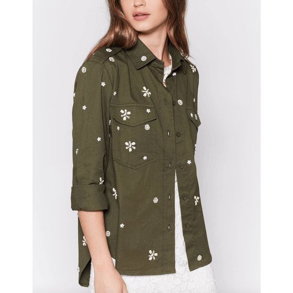 Joie Army Green Button Down Hayfa Embellished Shirt Beaded Size Small, MSRP $298 - Picture 1 of 11